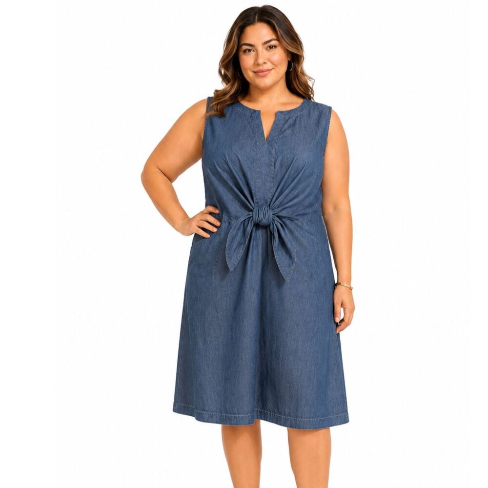 TALBOTS Denim Tie Front A-Line Sleeveless Midi Dress Sz 14
